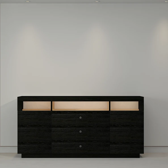 K003 Asil Led Işıklı, Dolaplı ve Çekmeceli Konsol Ahşap Siyah - 6
