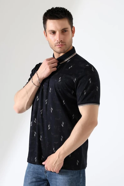 Erkek Yakası Çıt Çıt ve Fermuar Detaylı, Desenli Polo Yaka T-shirt - 3