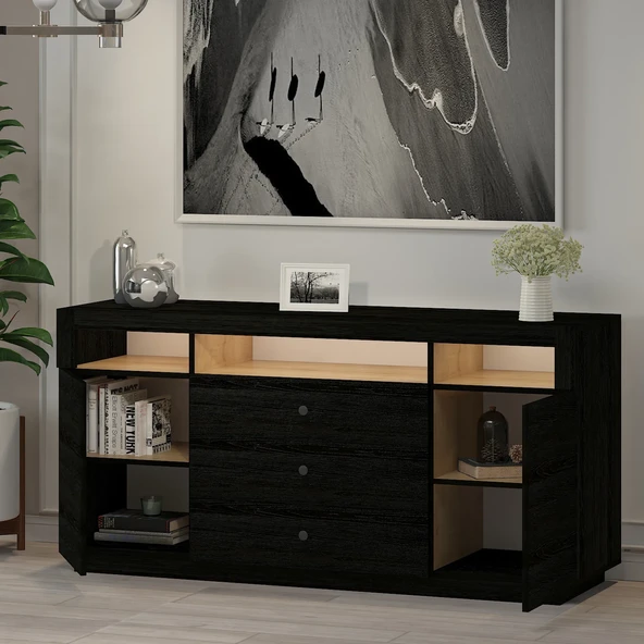 K003 Asil Led Işıklı, Dolaplı ve Çekmeceli Konsol Ahşap Siyah - 4