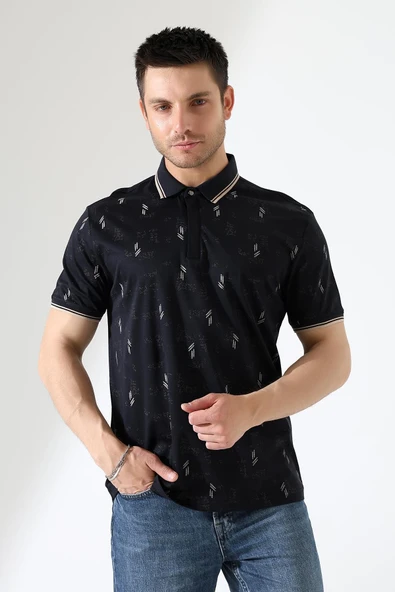 Erkek Yakası Çıt Çıt ve Fermuar Detaylı, Desenli Polo Yaka T-shirt - 4