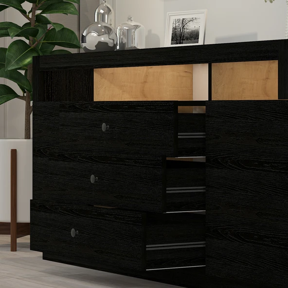 K003 Asil Led Işıklı, Dolaplı ve Çekmeceli Konsol Ahşap Siyah - 3