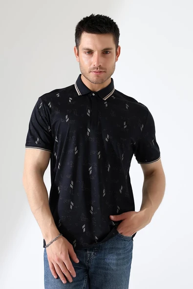 Erkek Yakası Çıt Çıt ve Fermuar Detaylı, Desenli Polo Yaka T-shirt - 2