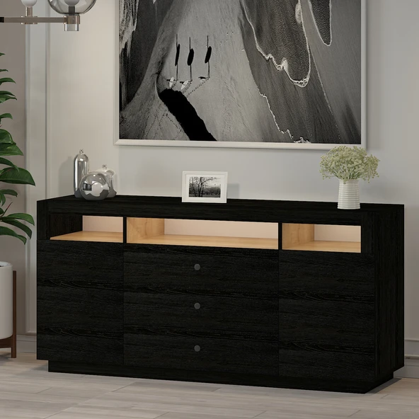 K003 Asil Led Işıklı, Dolaplı ve Çekmeceli Konsol Ahşap Siyah - 2