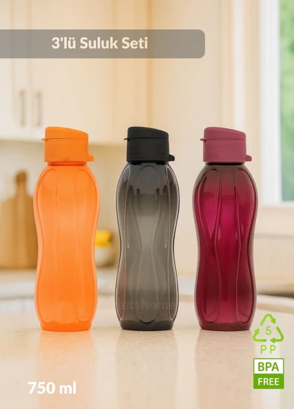 3’lü Set Matara Okul Suluğu Kapaklı Su Şişesi Plastik 750 ml ürün görseli 1