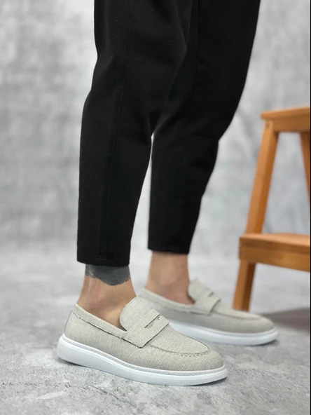 ET0355 Bağcıksız Keten Gri Klasik Corcik Erkek Ayakkabı - Resim 2