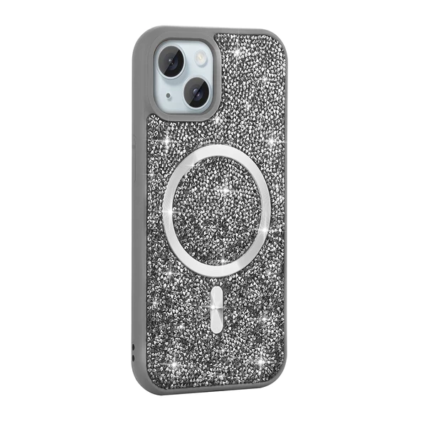 iPhone 15 Kılıf Pırlanta Tasarımlı M-safe Şarj Özellikli Mozaik Silikon Kılıf - Resim 3