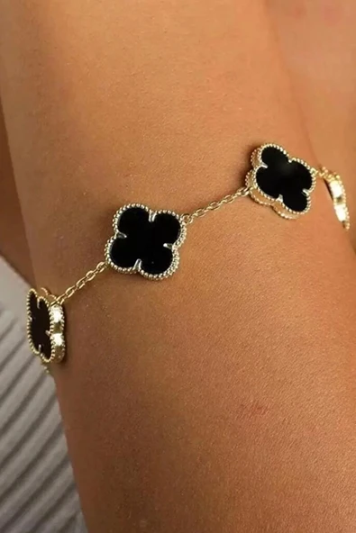 14 Ayar Siyah Yonca Yapraklı Altın Bileklik - 1