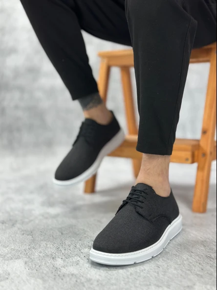 ET0003 Bağcıklı Klasik Spor Keten Siyah Beyaz Taban Casual Erkek Ayakkabı - 2