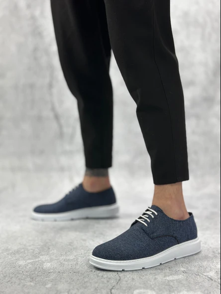 ET0003 Bağcıklı Klasik Spor Keten Lacivert  Beyaz Taban Casual Erkek Ayakkabı