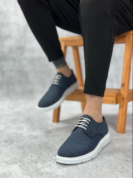 ET0003 Bağcıklı Klasik Spor Keten Lacivert  Beyaz Taban Casual Erkek Ayakkabı - 2