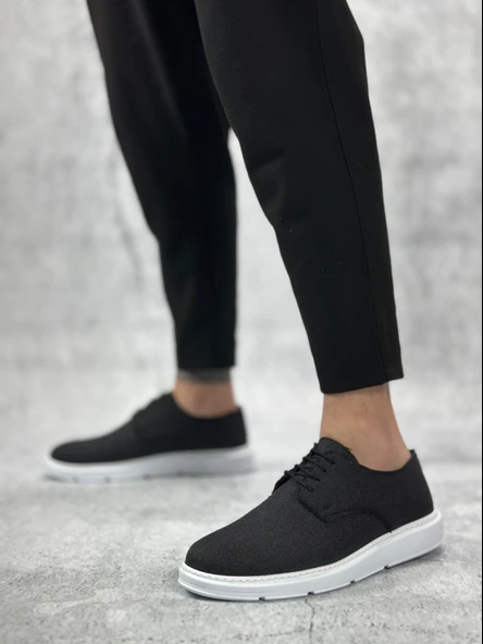ET0003 Bağcıklı Klasik Spor Keten Siyah Beyaz Taban Casual Erkek Ayakkabı
