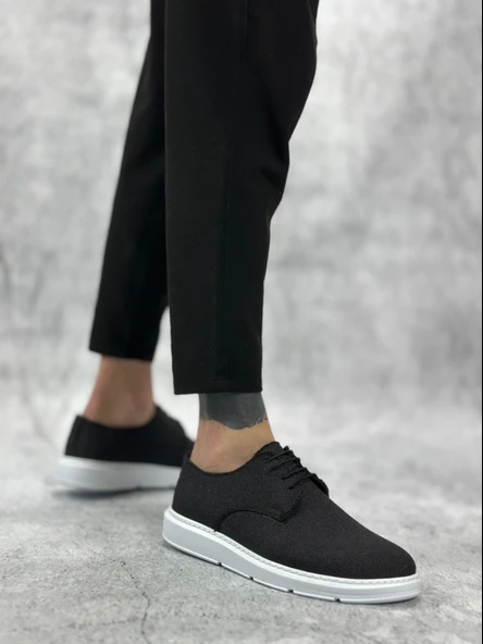 ET0003 Bağcıklı Klasik Spor Keten Siyah Beyaz Taban Casual Erkek Ayakkabı - 3