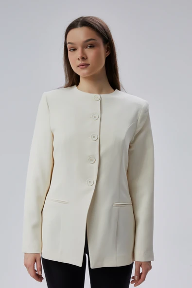 Ekru Bisiklet Yaka Regular Dokuma Ceket - 4