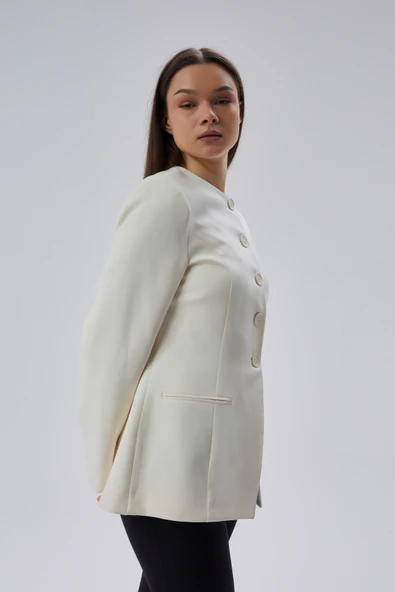 Ekru Bisiklet Yaka Regular Dokuma Ceket - 11