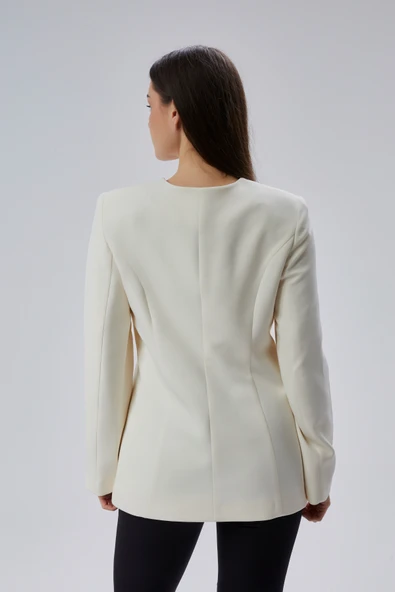 Ekru Bisiklet Yaka Regular Dokuma Ceket - 12
