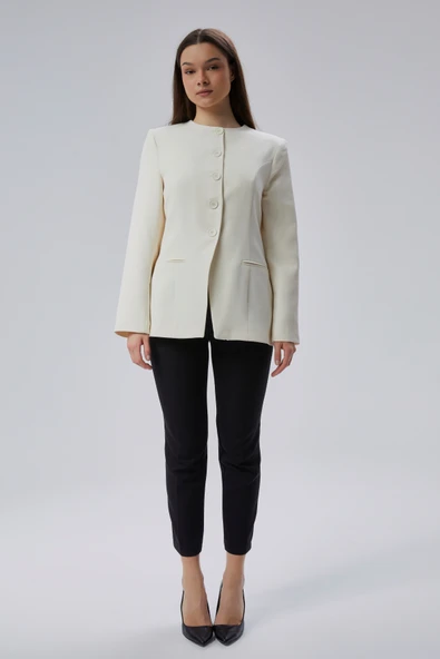 Ekru Bisiklet Yaka Regular Dokuma Ceket