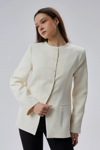 Ekru Bisiklet Yaka Regular Dokuma Ceket - 7