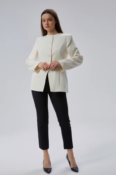 Ekru Bisiklet Yaka Regular Dokuma Ceket - 2