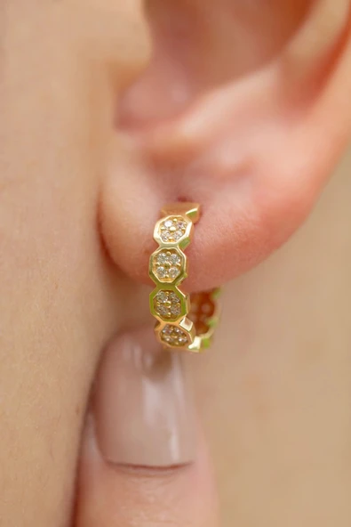 Taşlı Halka Altın Küpe - 2