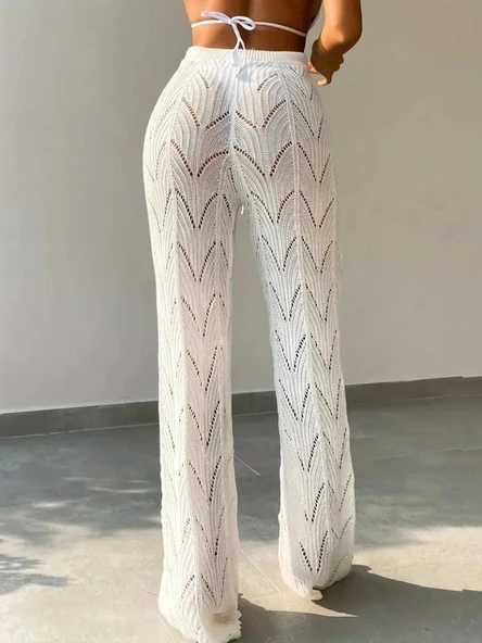 Kadın Yüksek Bel Bağcıklı Desenli Triko Plaj Pantolon - 2