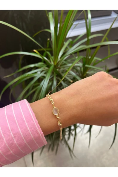 Beyaz Opal Taşlı Doç Zincirli Altın Bileklik