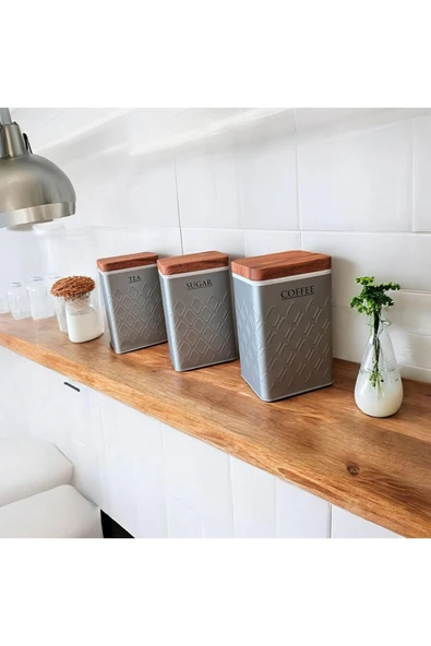 Bambu Görünümlü Kapak ve 3'lü Metal Kavanoz Seti (YENİ DESENLİ) - Resim 5