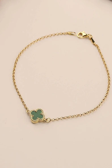 14 Ayar Altın Yeşil Yonca Bileklik - Resim 3