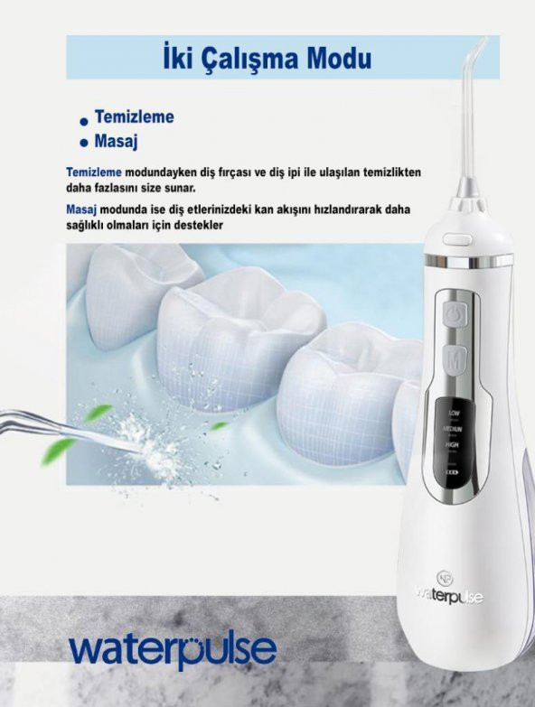 WaterPulse WP-V500-W Water Flosser Taşınabilir Şarjlı Masajlı Diş Protez Bakım ve Ağız Duşu - 7
