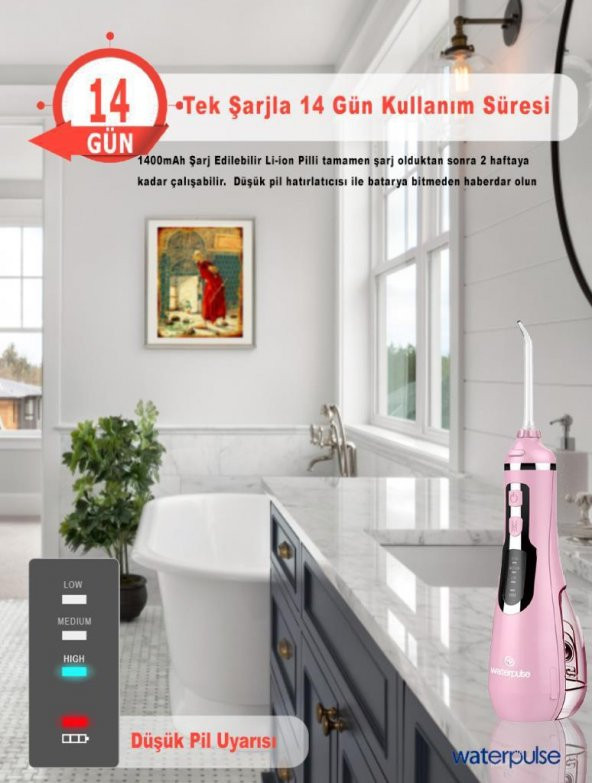 WaterPulse WP-V500-P Water Flosser Taşınabilir, Şarjlı, Masajlı, Diş/Protez Bakım ve Ağız Duşu Pembe - 5