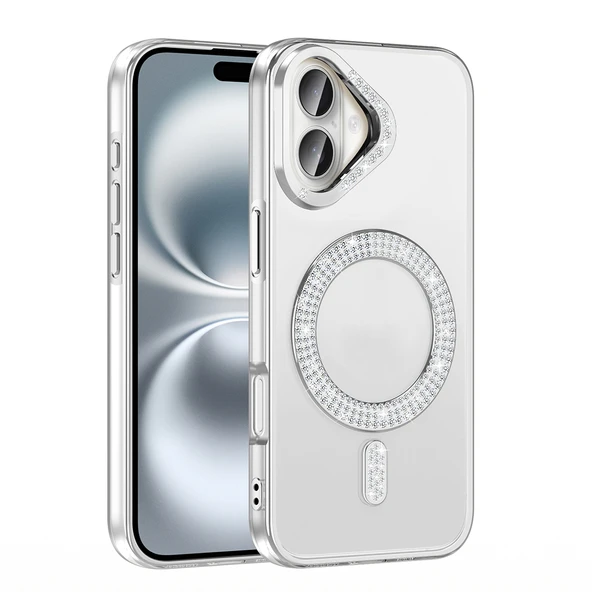 iPhone 16 Kılıf Pırlanta Taş Tasarımlı M-safe Şarj Özellikli Karetta Silikon Kılıf - Resim 12