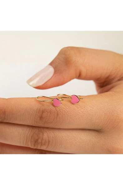 Pembe Kalp Çocuk Altın Küpe - 2