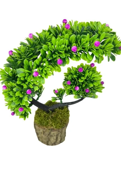 Nettenevime Yapay Çiçek Bonsai Ağacı Kütük Saksıda Lila Tomurcuklu Hilal Model Dekoratif Yapay Ağaç Bonzai 30*20 CM - Resim 4