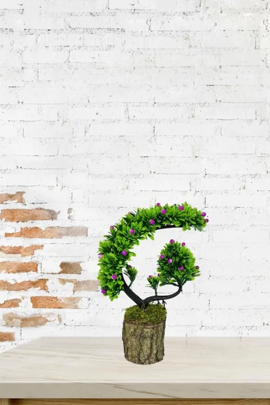 Nettenevime Yapay Çiçek Bonsai Ağacı Kütük Saksıda Lila Tomurcuklu Hilal Model Dekoratif Yapay Ağaç Bonzai 30*20 CM - Resim 6