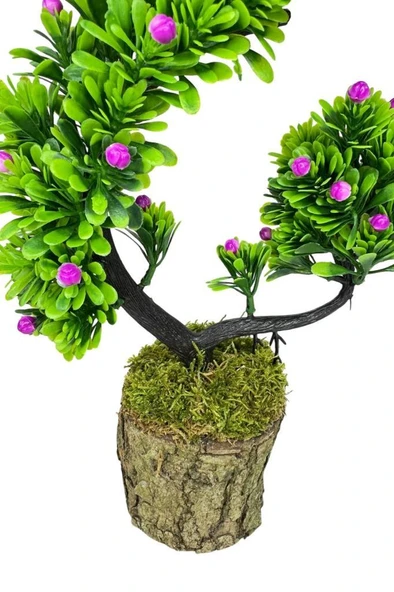Nettenevime Yapay Çiçek Bonsai Ağacı Kütük Saksıda Lila Tomurcuklu Hilal Model Dekoratif Yapay Ağaç Bonzai 30*20 CM - Resim 2