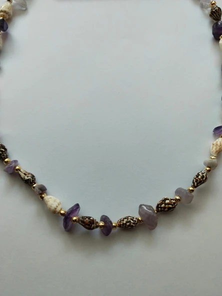 Ametist Doğaltaş Deniz Kabuğu Çivi Kesim  Kolye Aksesuar Takı Hediyelik - 2