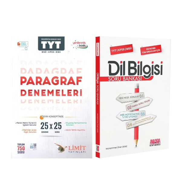 Limit Yayınları TYT MSÜ KPSS DGS Paragraf Deneme ve AKM Dil Bilgisi Soru Bankası Seti 2 Kitap