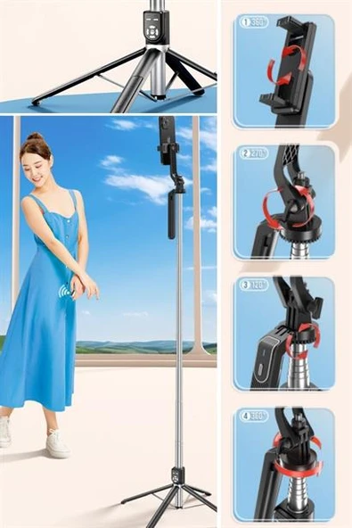 Selfie Çubuğu 2.20m Uzayabilen Kumandalı 360 Derece Dönebilen Cep Telefonu Kamera Tripod - 12