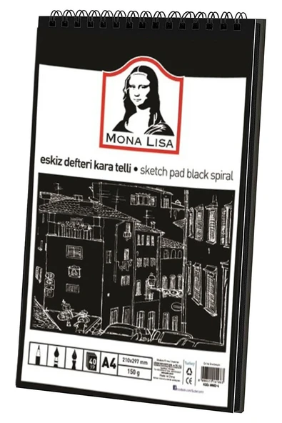 Telli Eskiz Defteri Siyah A4 1 Adet Spiralli Siyah Eskiz Defteri 150 gr 40 Yaprak Grafit Yağlı Pastel Jel Mürekkep Kalem - Resim 2