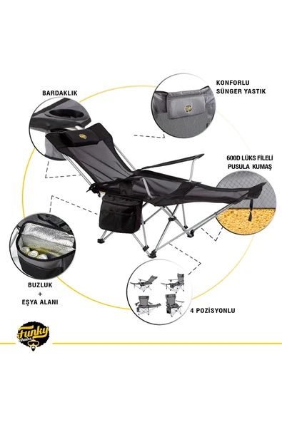 FUNKY CHAIRS Lazy 3 Plus Yatabilen Kamp Sandalyesi Siyah - Resim 3