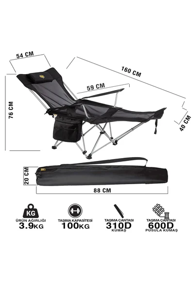 FUNKY CHAIRS Lazy 3 Plus Yatabilen Kamp Sandalyesi Siyah - Resim 4