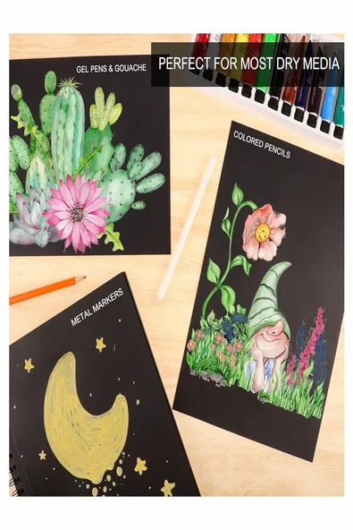 Telli Eskiz Defteri Siyah A4 1 Adet Spiralli Siyah Eskiz Defteri 150 gr 40 Yaprak Grafit Yağlı Pastel Jel Mürekkep Kalem - Resim 3