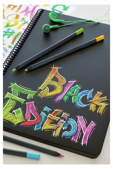 Telli Eskiz Defteri Siyah A4 1 Adet Spiralli 150 gr 40 Yaprak 24 Renk Kuruboya Gölgelendirme Zımpara Kalem Uzatma Silgi - 3