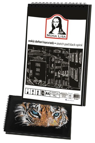 Telli Eskiz Defteri Siyah A4 1 Adet Spiralli 150 gr 40 Yaprak 12 Renk Kuruboya Gölgelendirme Zımpara Kalem Uzatma Silgi - 2