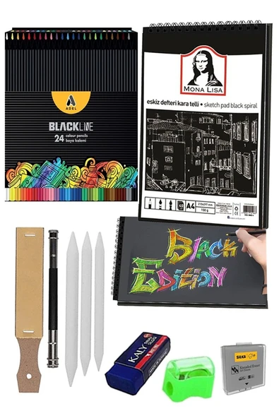 Telli Eskiz Defteri Siyah A4 1 Adet Spiralli 150 gr 40 Yaprak 24 Renk Kuruboya Gölgelendirme Zımpara Kalem Uzatma Silgi
