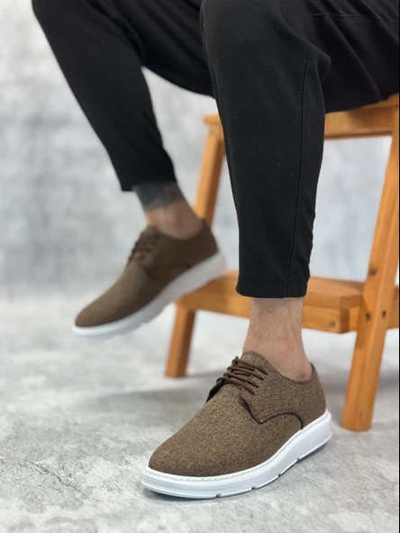 ET0003 Bağcıklı Klasik Spor Keten Kahverengi Beyaz Taban Casual Erkek Ayakkabı