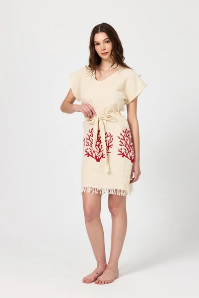 Müslin Kadın Plaj Elbisesi Kolsuz %100 Pamuk - 7