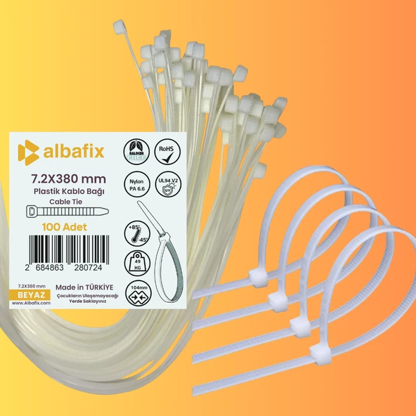 7.2x380 mm Beyaz Plastik Kablo Bağı Klipsi Cırt Kelepçe 100 Adet