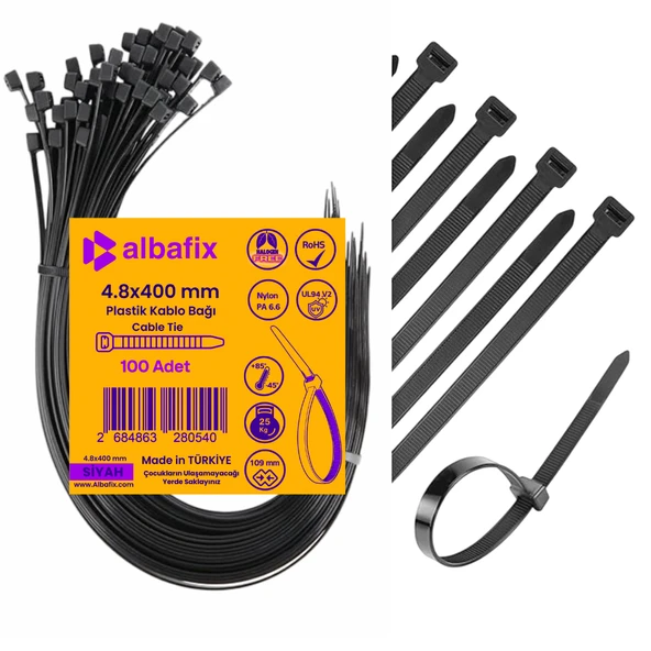 4.8x400 mm Siyah Plastik Kablo Bağı Klipsi Cırt Kelepçe 100 Adet