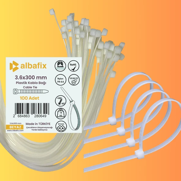 3.6x300 mm Beyaz Plastik Kablo Bağı Klipsi Cırt Kelepçe 100 Adet