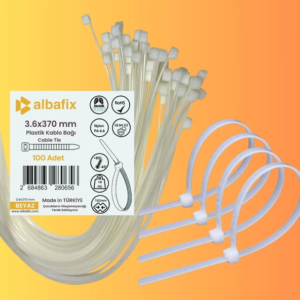 3.6x370 mm Beyaz Plastik Kablo Bağı Klipsi Cırt Kelepçe 100 Adet
